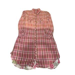 Arrata Silent Journey Pink Plaid Embroidered Floral Button-Up Tunic Size S